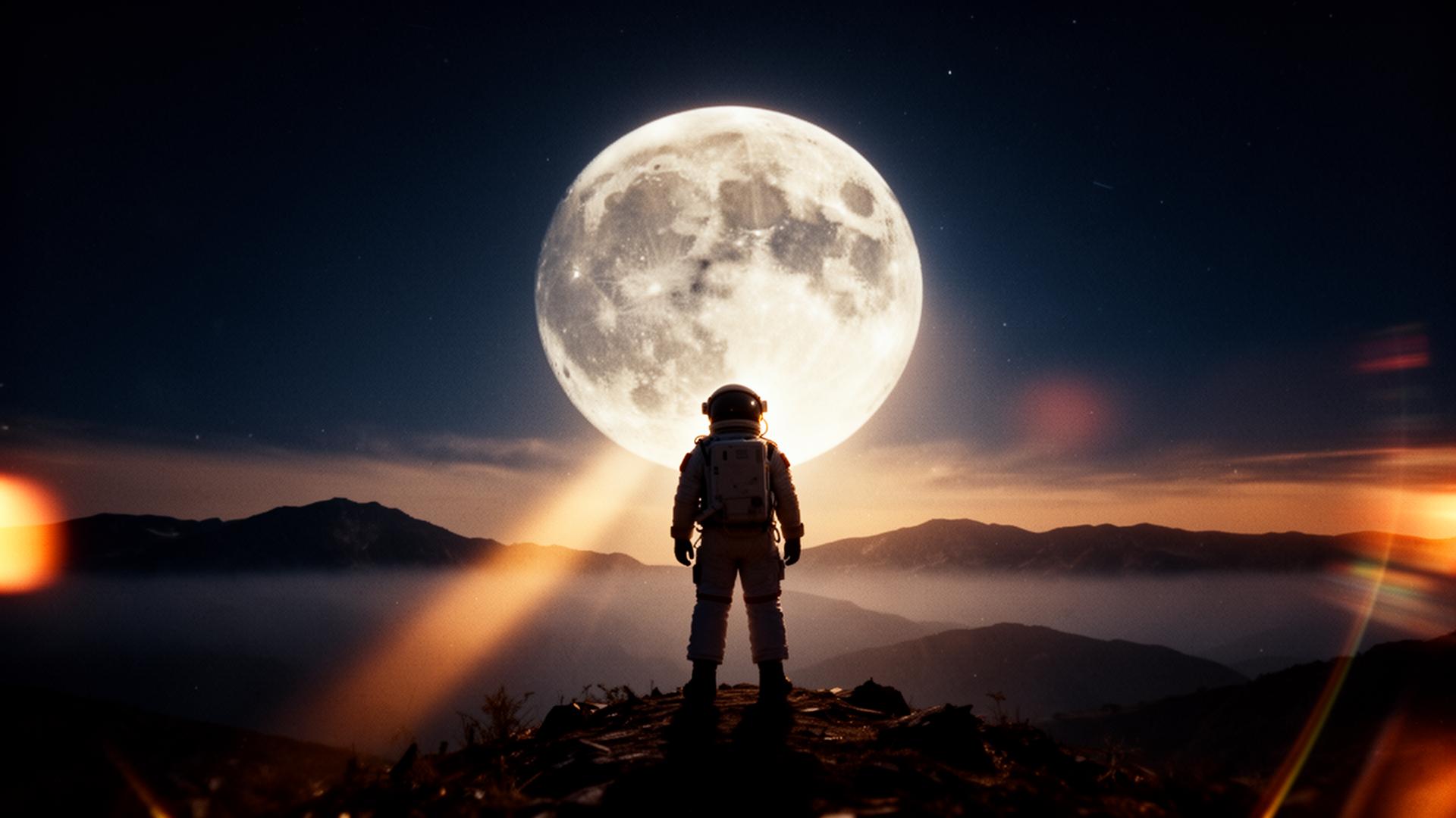 Astronaut beneath an enormous moon at dusk
